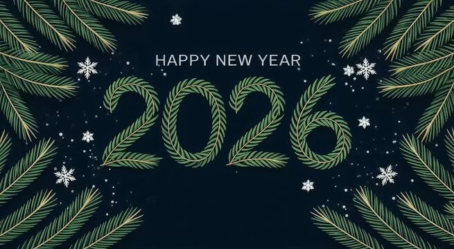 festive layout featuring the
year '2026' prominently in the center, crafted from green pine needles