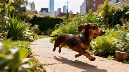 A playful, short-haired Dachshund is captured mid-air running with energy along a sunlit garden path, with lush greenery and a blurred city skyline in the background.