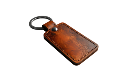 Rectangular leather key fob with metal ring isolated on black