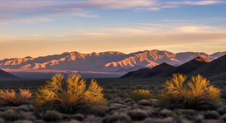 Golden Hour in Death Valley - A Landscape of Mountains and Desert Flora.