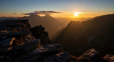 Golden Hour Majesty - A Breathtaking Mountain Sunset Panorama.