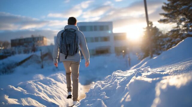 237Young student trudging through fresh snow along a sidewalk, backpack on back, sunlight creating sparkling highlights on the winter scene