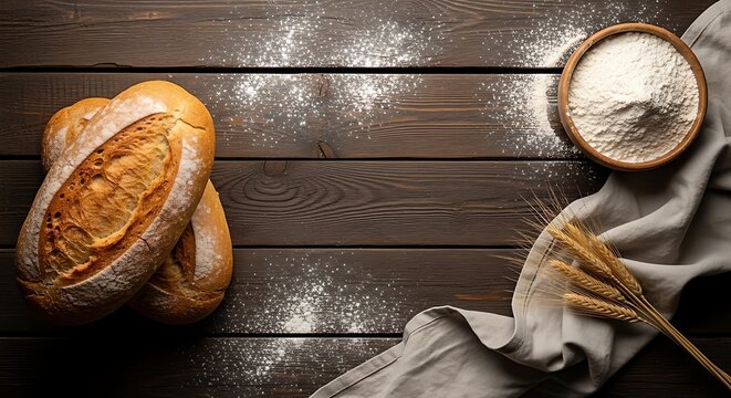 Freshly baked artisan bread loaves with flour and wheat on a rustic wooden table