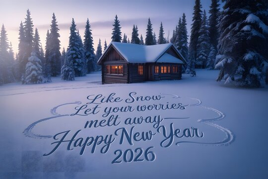 Cozy cabin in snowy forest with New Year greeting winter