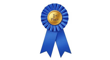 A blue first place ribbon rosette isolated on white background is a symbol of achievement, success, and recognition for winning a competition or contest