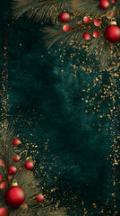 Elegant Green Christmas Background with Gold Pine Branches and Red Ornaments Frame