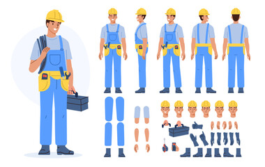 Electrician worker character constructor for animation. Professional male technician wearing protective uniform and tool belt. Front, side and back view set. Vector illustration.