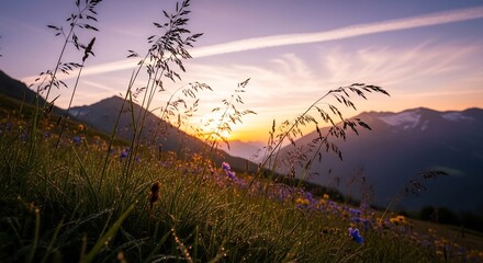 Golden Hour Serenity - A Mountain Meadow Bathed in Sunsets Embrace.