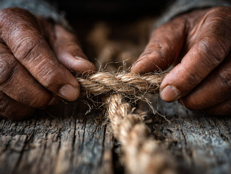 Minimalist close-up of a pair of hands tying shimenawa rope for Omisoka decoration, rustic wooden background, textured fibers in focus, shallow depth of field