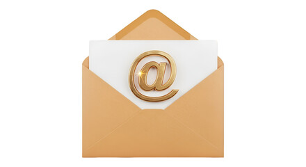 Open envelope with golden at symbol on white paper