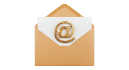 Open envelope with golden at symbol on white paper