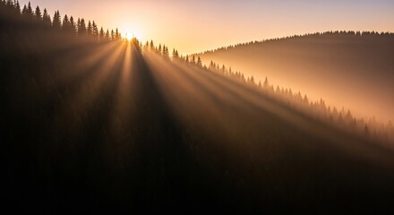Golden Sunrise Illuminating a Forested Mountain Ridge with Sunbeams.
