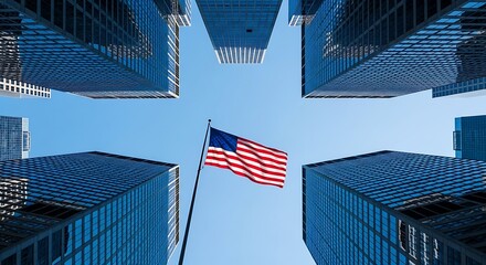 Looking up at the american flag waving proudly between tall skyscrapers against a clear blue sky, symbolizing patriotism and urban life