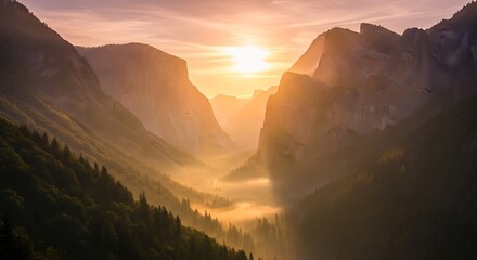 Golden Sunrise Illuminating Yosemite Valleys Majestic Landscape.