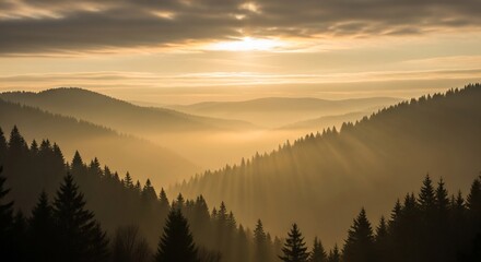 Golden Sunrise Over Forested Mountains - A Serene Landscape.