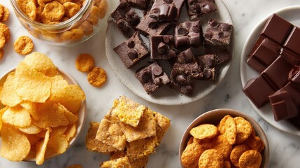 Assorted snacks with chips, crackers, brownies and chocolate bars
