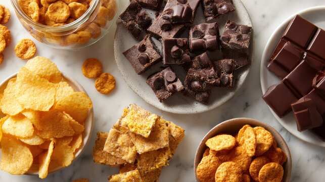 Assorted snacks with chips, crackers, brownies and chocolate bars