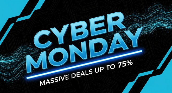 Graphic featuring blue text "Cyber Monday" with a digital circuit board background, representing online sales and technological promotions