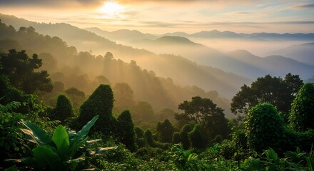Golden Sunrise Over Lush Green Mountain Landscape in Tropical Region.