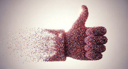A thumbs up gesture is made of tiny spheres that are dissolving into the air, symbolizing approval, agreement, and positive feedback