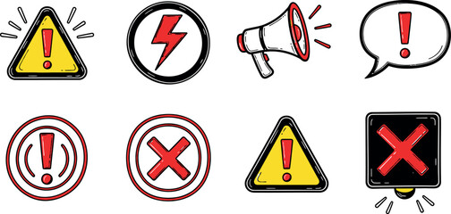 Vector Illustration of Hand-Drawn Warning, Alert, Error, and Danger Icons Set. Sketchy Doodle Style Symbols for UI/UX.