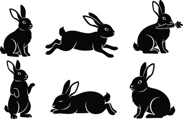 Rabbit silhouette vector set, cute bunny running, sitting, eating carrot, standing and sleeping, black and white animal illustration collection.
