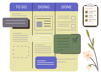 Kanban board with categorized tasks in three columns, clipboard with checklist, and floral decoration. Ideal for task management, productivity, workflow, efficiency, collaboration, planning simple