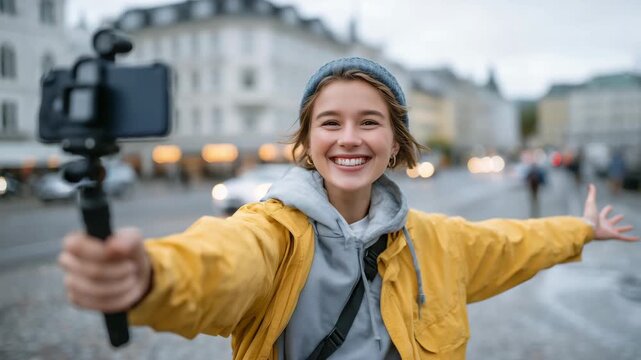 266Dynamic urban vlog scene, teen girl holding phone on selfie stick, gesturing with hands while talking to camera, city traffic and architecture softly blurred in background
