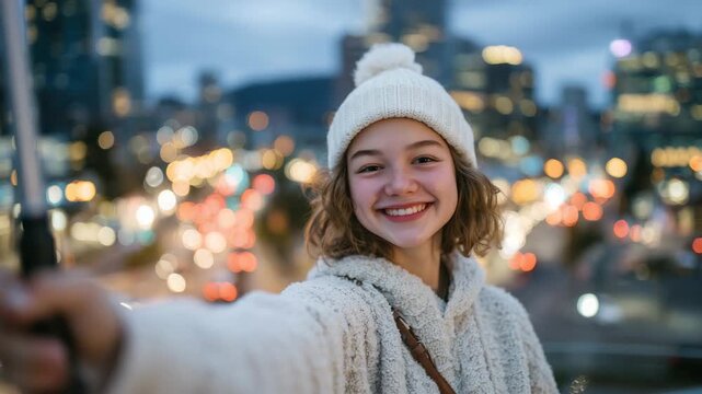 261Over-the-shoulder close-up of teen vlogger holding smartphone, selfie stick extended, city skyline and busy street in background, subtle bokeh emphasizing her face and phone displa
