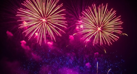 Two vibrant fireworks explode in the night sky, illuminating the darkness with bursts of pink and purple light, creating a festive atmosphere