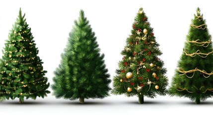 Fototapeta premium Four unique evergreen trees stand side by side, each displaying distinct shades of green and textures that highlight their beauty