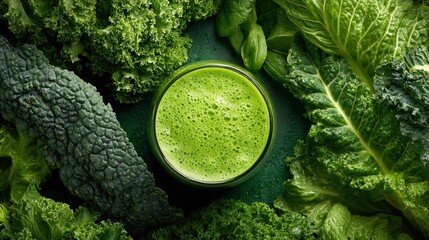 Green smoothie in glass surrounded by fresh kale