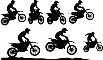 Motocross rider silhouette set, man on dirt bike jumping, extreme motorcycle sport, black vector illustration collection for racing design. © Vector Sifat