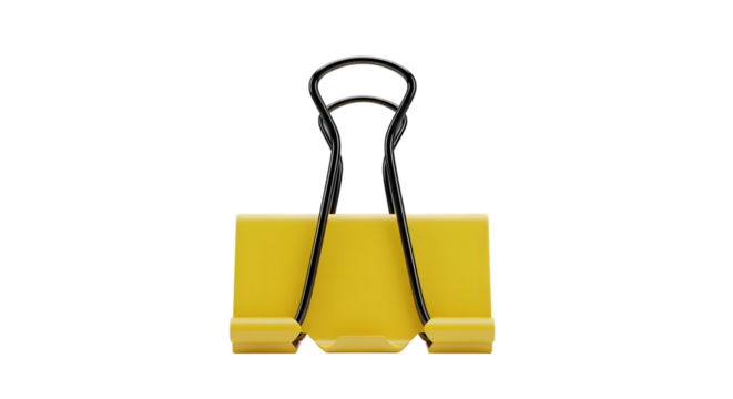 Yellow binder clip 3d illustration of office supply isolated on transparent background