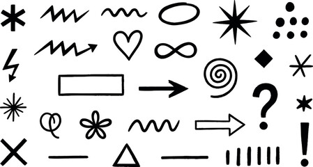 Vector Illustration of White Hand-Drawn Doodle Arrows, Symbols, and Punctuation Marks Collection Set