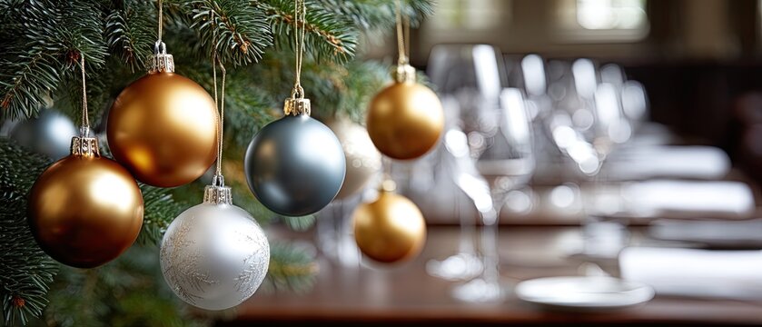 A beautifully adorned Christmas tree stands in a stylish indoor space, surrounded by warm lights and a comfortable workspace