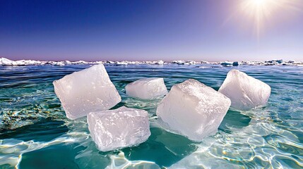 Several ice cubes float in clear, shallow water with sunlight reflecting off the surface and distant icebergs under a clear blue sky.