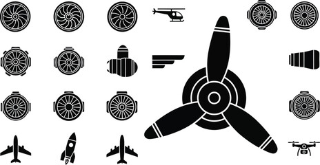 Illustration of collection of black and white aviation icons