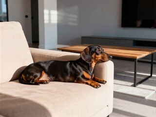 A short-haired Dachshund dog is relaxing on a beige sofa in a contemporary living room, illuminated by a strip of morning sunlight. The dog is looking intently to the righ