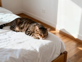 A contented brown tabby cat is taking a peaceful nap on a white duvet in a bright, minimalist bedroom. The low afternoon sun casts strong shadows and illuminates the scene beautifully.