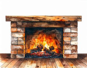Watercolor-style fireplace with embers and woodgrain on a white background. Ai