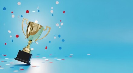 Golden trophy with confetti falling on blue background, symbol of success, achievement, champion, winner, award, and celebration concept