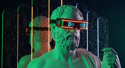 Sculpted bust wearing virtual reality headset, modern technology meets classic art, representing future trends and artistic interpretation