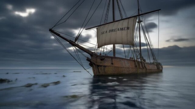 A weathered sailing ship named Sea Dreamer drifts in calm waters under a cloudy sky, creating a mysterious maritime scene