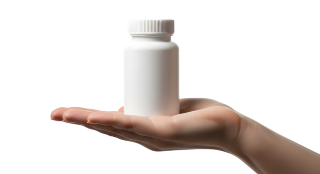 Hand holding a white plastic bottle against a black background for mockup