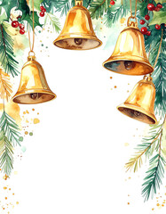 Watercolor golden bells on a white greeting card style background. Ai