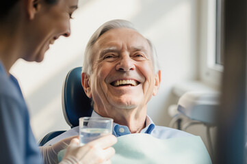 Fototapeta premium Happy senior man smiles brightly while receiving attentive care from professional dentist in modern dental office. His satisfied expression shows trust and comfort during visit