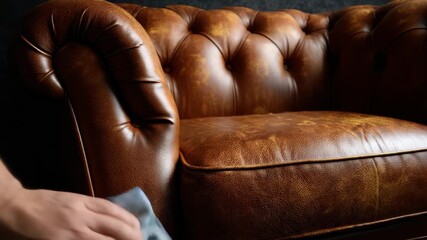 Hand cleaning leather sofa armrest with cloth to maintain shine and appearance in a cozy living room setting