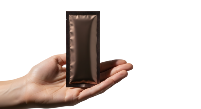 Hand holding a brown energy gel packet against a black background