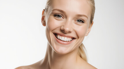 Obraz premium Cheerful young Caucasian woman expressing genuine happiness, smiling widely with bright eyes. Her radiant face and natural beauty shine against pristine white studio background, conveying positive